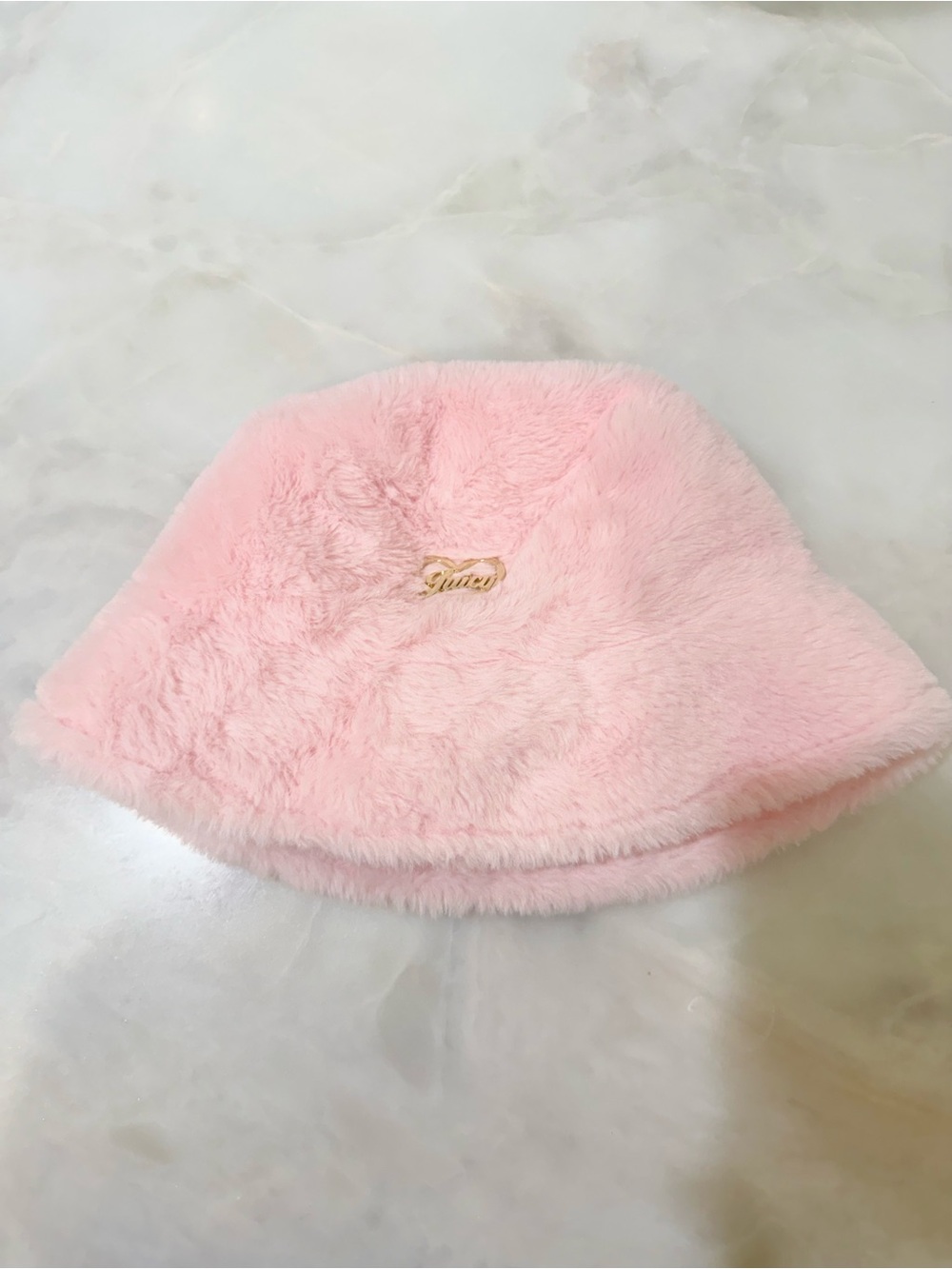 Juicy Couture Pink Faux Fur Bucket Hat with Gold Logo